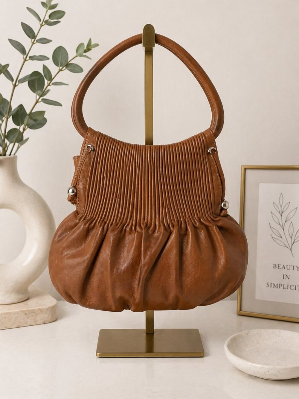 Bodhi Cognac Brown Leather Shoulder Bag Pleated Hobo Soft Slouch Purse